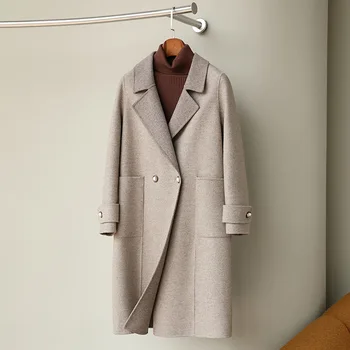 2023 Осеннее Новое двустороннее пальто женское средней длины с прямым бочкообразным воротником из 100% шерсти шерстяной костюм пальто с воротником