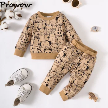 Prowow, зимняя одежда для мальчиков от 1 до 5 лет, толстовки и брюки с рисунком Медведя, слонов и животных, Одежда для малышей, комплекты одежды для мальчиков