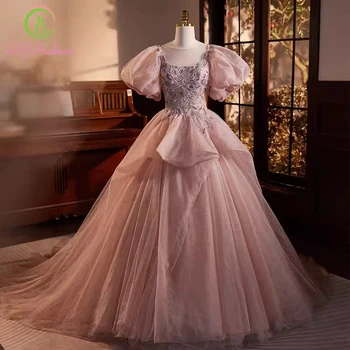 SSYFashion Розовое вечернее платье милой принцессы с пышными рукавами трапециевидной формы, расшитое блестками и бисером, вечерние платья для женщин, праздничные платья для ночей