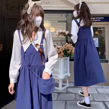 Xgoth Голубое Нежное платье на бретелях в академическом стиле для девочек Весна Осень 2023, облегающий французский длинный халат средней длины для девочек с уменьшенным возрастом