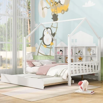 Белая деревянная домашняя кровать в натуральную величину с выдвижным ящиком, детская кровать с полкой, легко монтируется для мебели для спальни в помещении