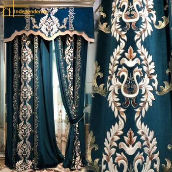 Европейские синие байковые шторы с вышивкой для гостиной спальни виллы Французское окно Высокое окно по индивидуальному заказу