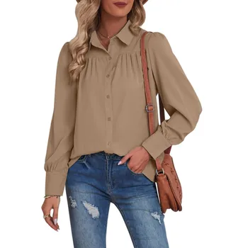 Женская однотонная шифоновая рубашка с отворотом и длинным рукавом, свободный топ, джинсовая рубашка с длинным рукавом для женщин