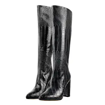 Женские ботинки Largas De Mujer на массивном каблуке, модные сапоги до колена с острым носком, клетчатая змея, крокодил, большой размер