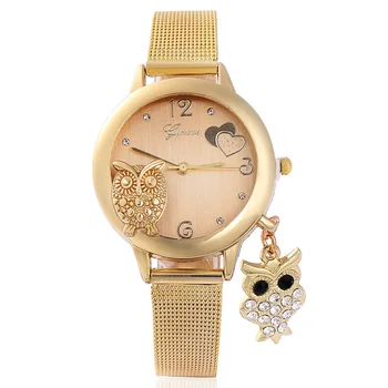 Женские наручные часы с подвесками, сетчатый ремешок, кварцевые женские часы, женские роскошные золотые часы с совой, подарок по оптовой цене 여자시계명품