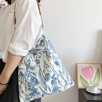Женские сумки через плечо в винтажном стиле с цветочным рисунком, Большая вместительная женская сумка из мягкого хлопка подмышками для отдыха и путешествий, женские сумки-тоут