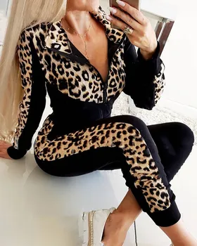 Женский осенний костюм из 2 предметов, леопардовый топ с отложным воротником, топ на молнии с длинным рукавом и узкие брюки с высокой талией, женский комплект из 2 предметов