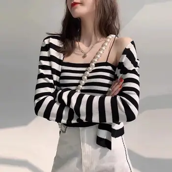 Кардиган в полоску на подтяжках, короткий комплект из двух предметов, свитер весеннего типа 2022, Корейский стиль, свободный свитер с длинным рукавом