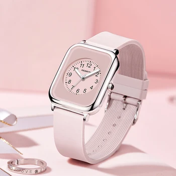 Квадратный женский резиновый ремешок для часов, наручные часы розового цвета для дам, наручные часы, кварцевые женские