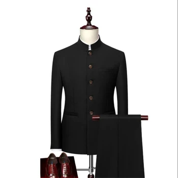 Китайский мужской костюм-туника, 2 предмета, комплекты мужских костюмов, куртка + брюки, Осенняя официальная приталенная одежда для джентльменского званого ужина