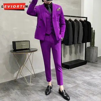 (Костюм + Майка + брюки) Корейский вариант делового мужского костюма из 3 предметов, бутик-комплект, приталенный, высокого класса, официальная вечеринка, свадебная рутина