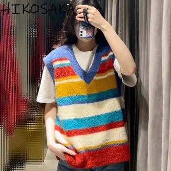 Красочные вязаные жилеты контрастного цвета в радужную полоску, Корейский шикарный Свободный Повседневный свитер без рукавов с V-образным вырезом, Жилет Y2k, Эстетический топ