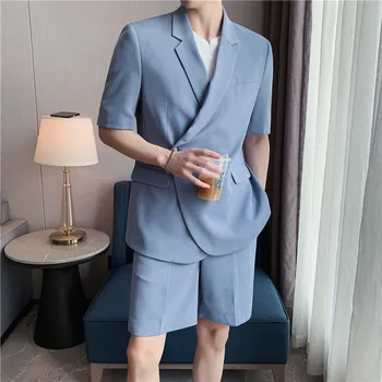 (Куртка + брюки) Летние Тонкие однотонные комплекты деловых костюмов в британском стиле с коротким рукавом, мужские брендовые повседневные комплекты нарядов для вечеринок и банкетов