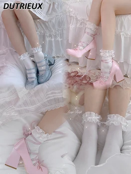 Милые носки в стиле Лолиты, женская мода, лето-осень, женские носки с бантом, хлопчатобумажные носки в японском стиле с низкой трубкой для леди
