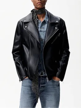 Мужская мотоциклетная кожаная куртка из искусственной кожи на молнии, пальто, Ветрозащитное пальто из искусственной кожи в стиле панк, мужское