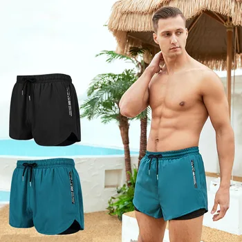 Мужские повседневные свободные плавки, Новый купальник, двухслойные пляжные штаны, высококачественные пляжные штаны для плавания