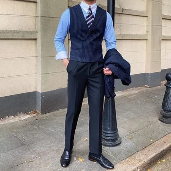 Мужской полосатый жилет, деловой костюм в британском стиле, элегантный приталенный ретро-двубортный повседневный мужской жилет, модный ретро-жилет