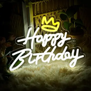 Неоновая вывеска Happy Birthday с короной, Светодиодная вывеска Happy Birthday для женщин, мужчин, подарков для детей, декораций для вечеринки по случаю Дня рождения, расходных материалов