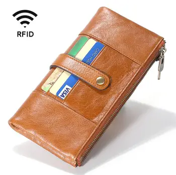 Новые поступления RFID Длинный кошелек из натуральной кожи, Мужской Женский кошелек на двойной молнии для рук, кошелек для карт, наличных, кошелек из натуральной коровьей кожи