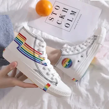Парусиновая обувь с высоким берцем для женщин, студенческая парусиновая обувь для девочек, Летние Модные кроссовки Ins 2021, женская обувь White Rainbow Vulcan