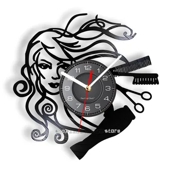 Прическа Салон красоты Виниловая пластинка Настенные часы Салон парикмахера-стилиста Ретро Черные настенные часы Парикмахерские подарки для женщины