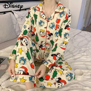 Рождественская пижама Disney с Микки, комплект из 2 предметов, Женские футболки с длинным рукавом, Свободные брюки, Домашняя одежда Y2k, пижамы с мультяшным трендом