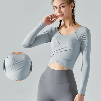 С логотипом, женские нагрудные Крестики, сексуальные Тонкие рубашки для йоги, укороченный топ с длинным рукавом, спортивная футболка для бега, Женская спортивная блузка для тренировок, Спортивная одежда
