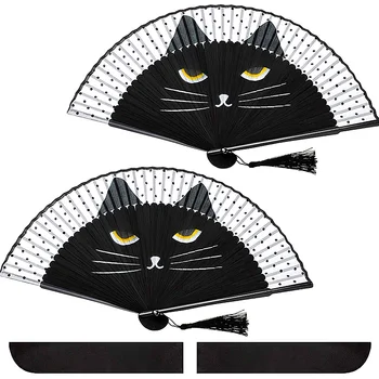 Складной веер для кошек, китайский Мультяшный складной шелковый веер, Рисованная ручка, Складные ручные веера для кошек, Японский ручной веер