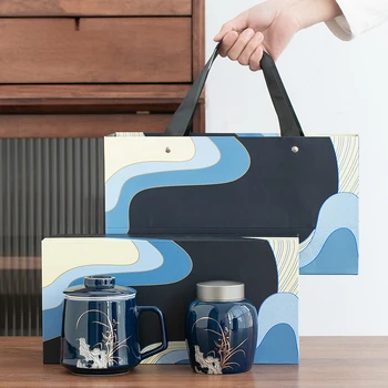 Чайник с голубой глазурью, Керамическая иллюстрация ручной росписи, Упаковка из сплава, Подарочная коробка, Кружка для хранения, стакан для воды, Новый китайский стиль