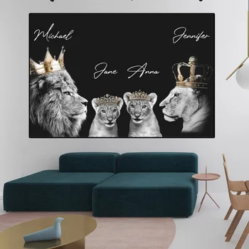 Черно-белая семья Львов, Золотая Корона, Настенный художественный плакат, напечатанный масляной краской, Настенное художественное украшение гостиной с животными