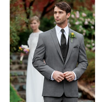 Элегантные свадебные костюмы для мужчин Серого цвета с модным вырезом на лацкане, однобортный Мужской костюм из высококачественного хлопка и льна, комплект из 3 предметов